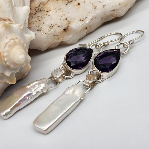 Natural Amethyst Natural Irregular Pearls Stones Silver 925 Earrings - Picture 5 of 10